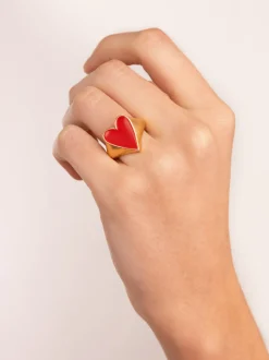 Anillo Lovely Heart Red Enamel Baño Oro