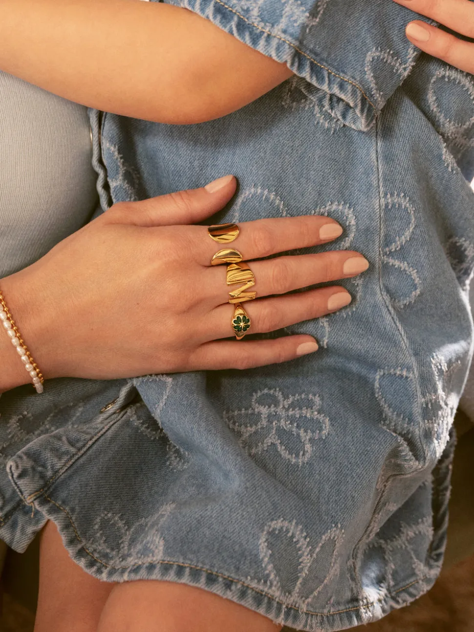 Anillo Trébol Ágata Stone Baño Oro