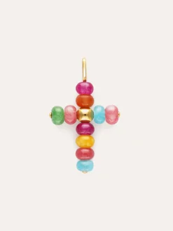 Charm Cruz Color Stones Acero Baño Oro