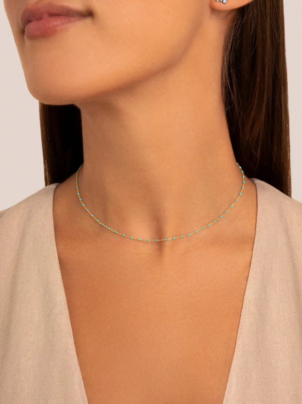 Collar Dots Turquoise Enamel Plata Baño Oro
