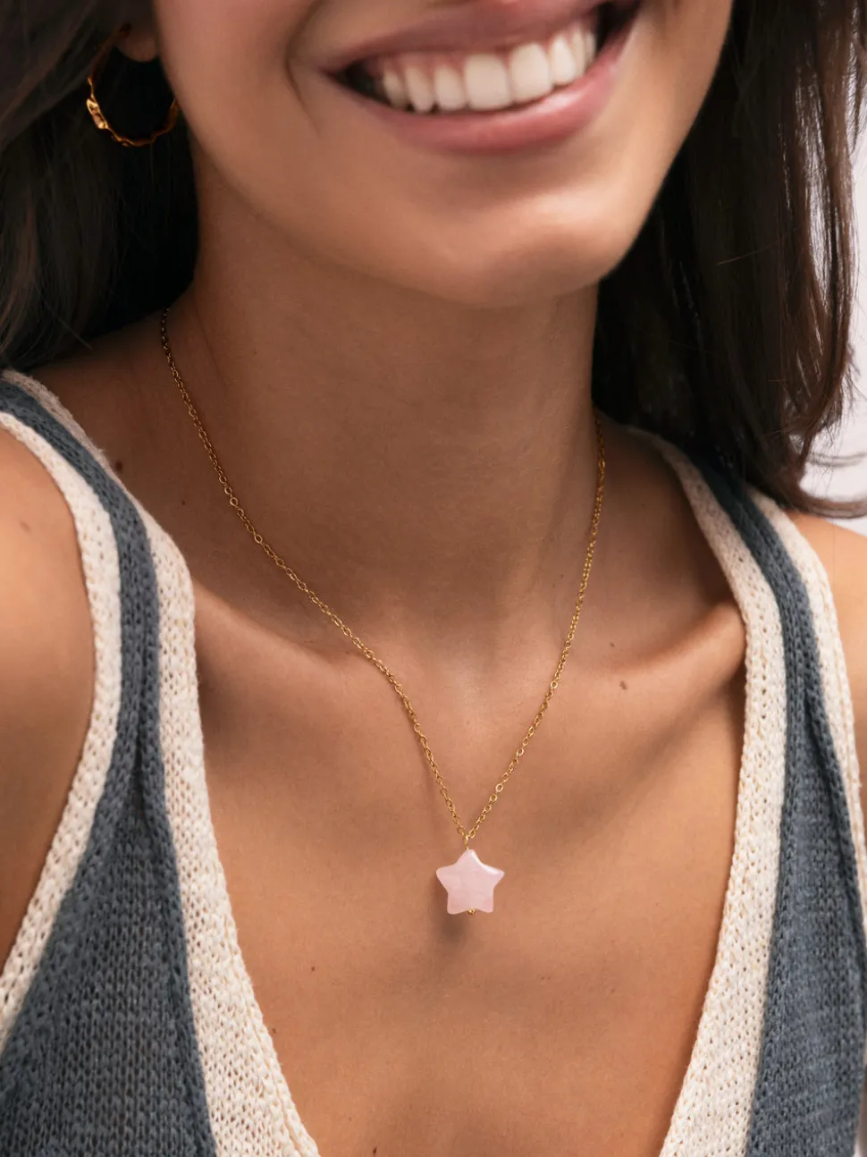 Collar Estrella Cuarzo Rosa Acero Baño Oro