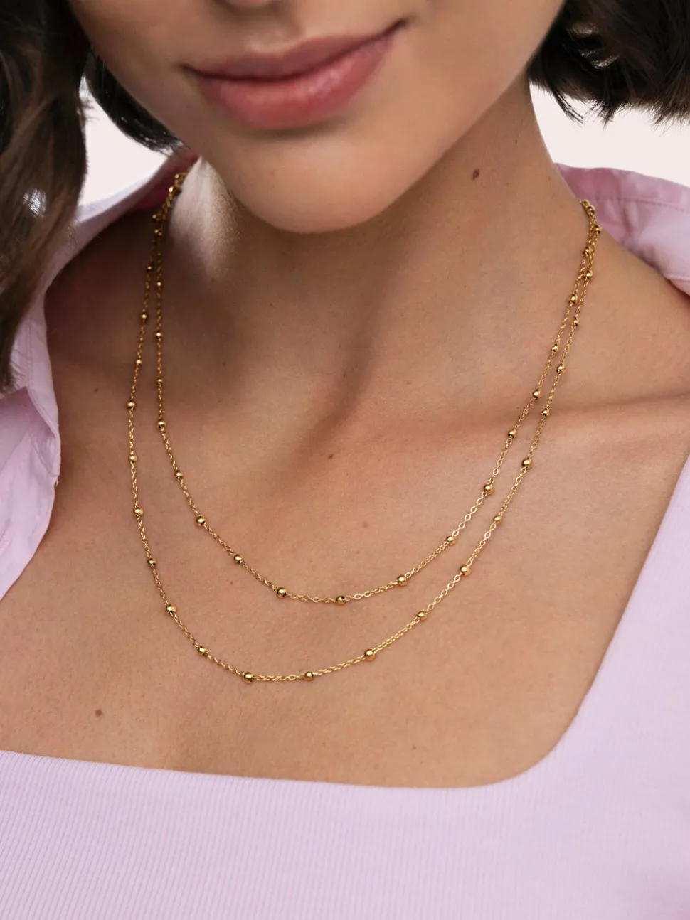 Collar Long Dots Acero Baño Oro