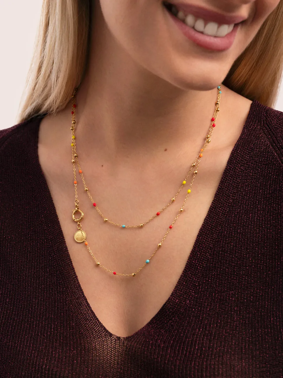 Collar Long Dots L Colors Enamel Acero Baño Oro