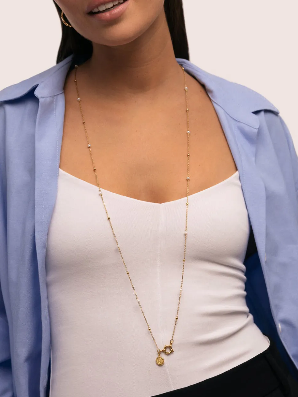 Collar Long Pearl Dots Acero Baño Oro