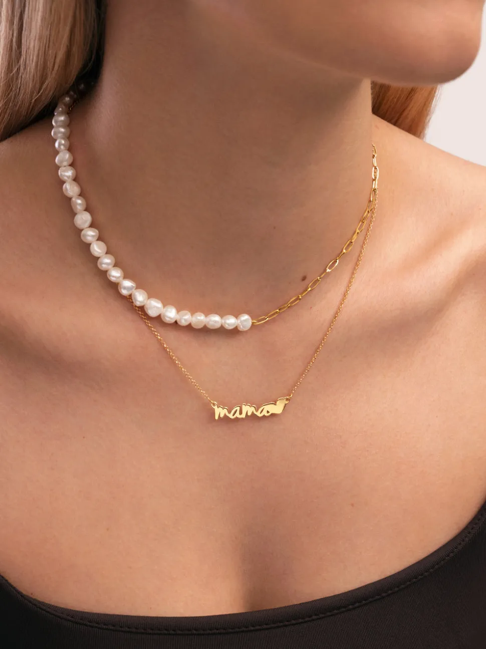 Collar Mamá Heart Plata Baño Oro