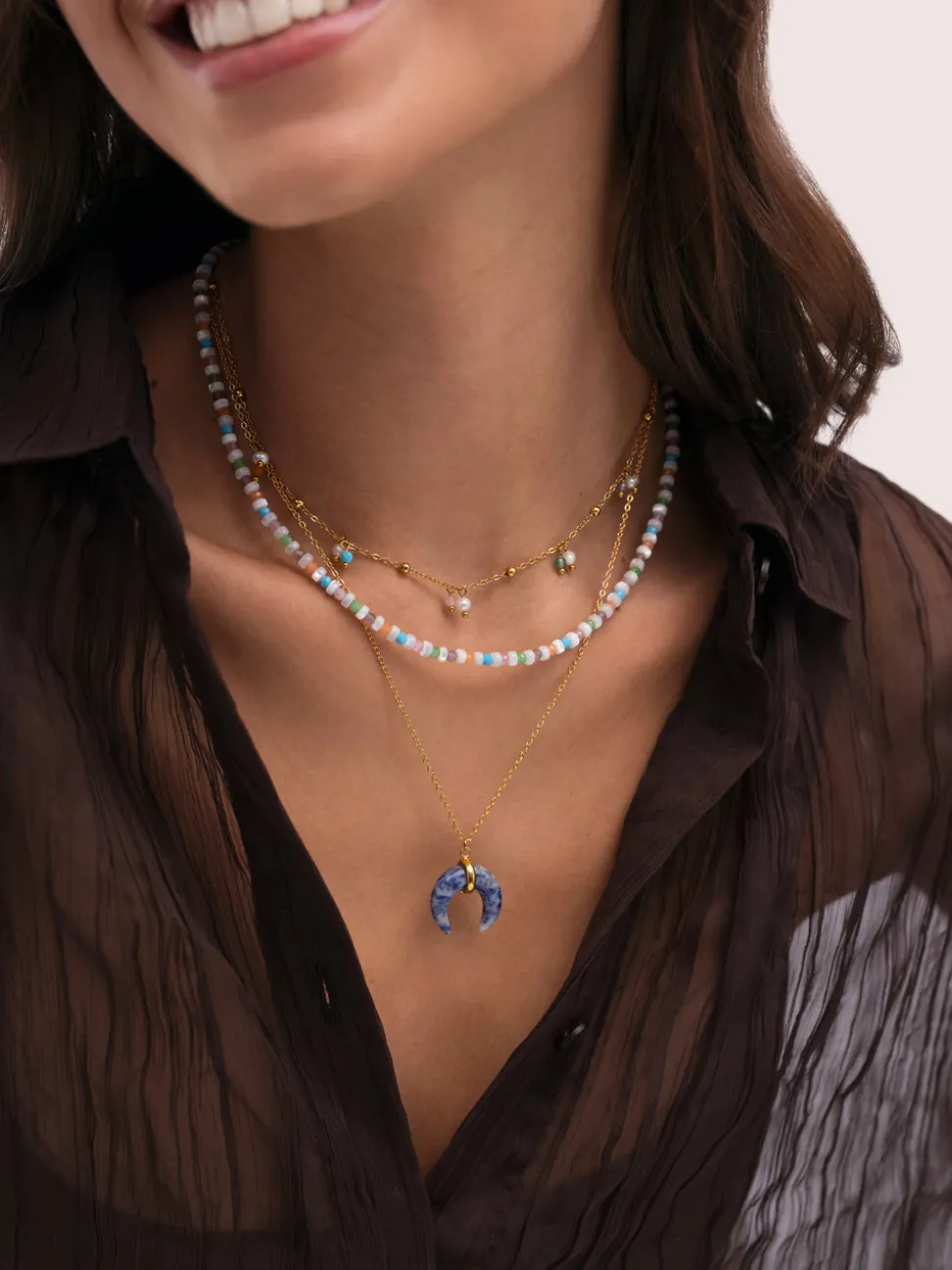 Collar Mini Moon Azul Acero Baño Oro