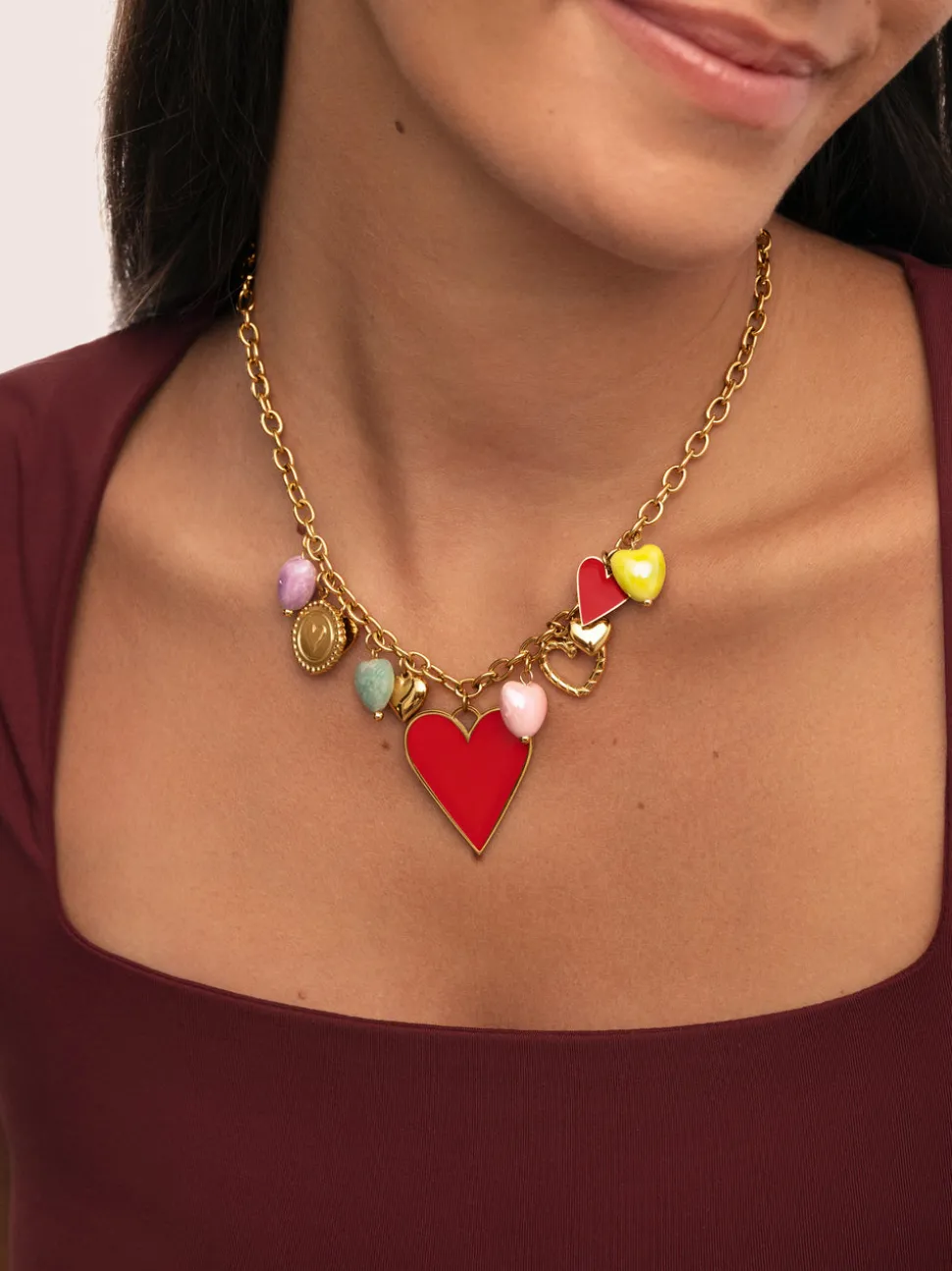 Collar Multicharms Corazones Acero Baño Oro