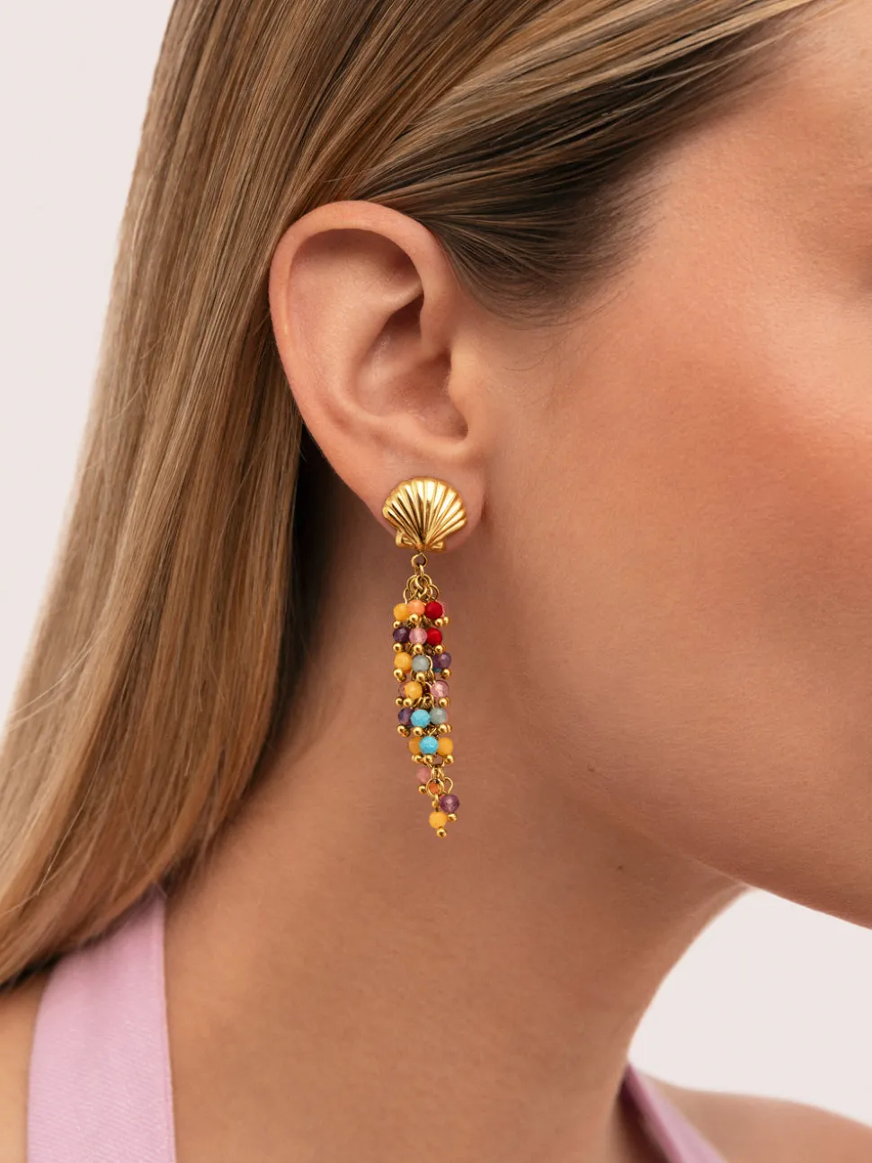 Pendientes Long Coral Acero Baño Oro