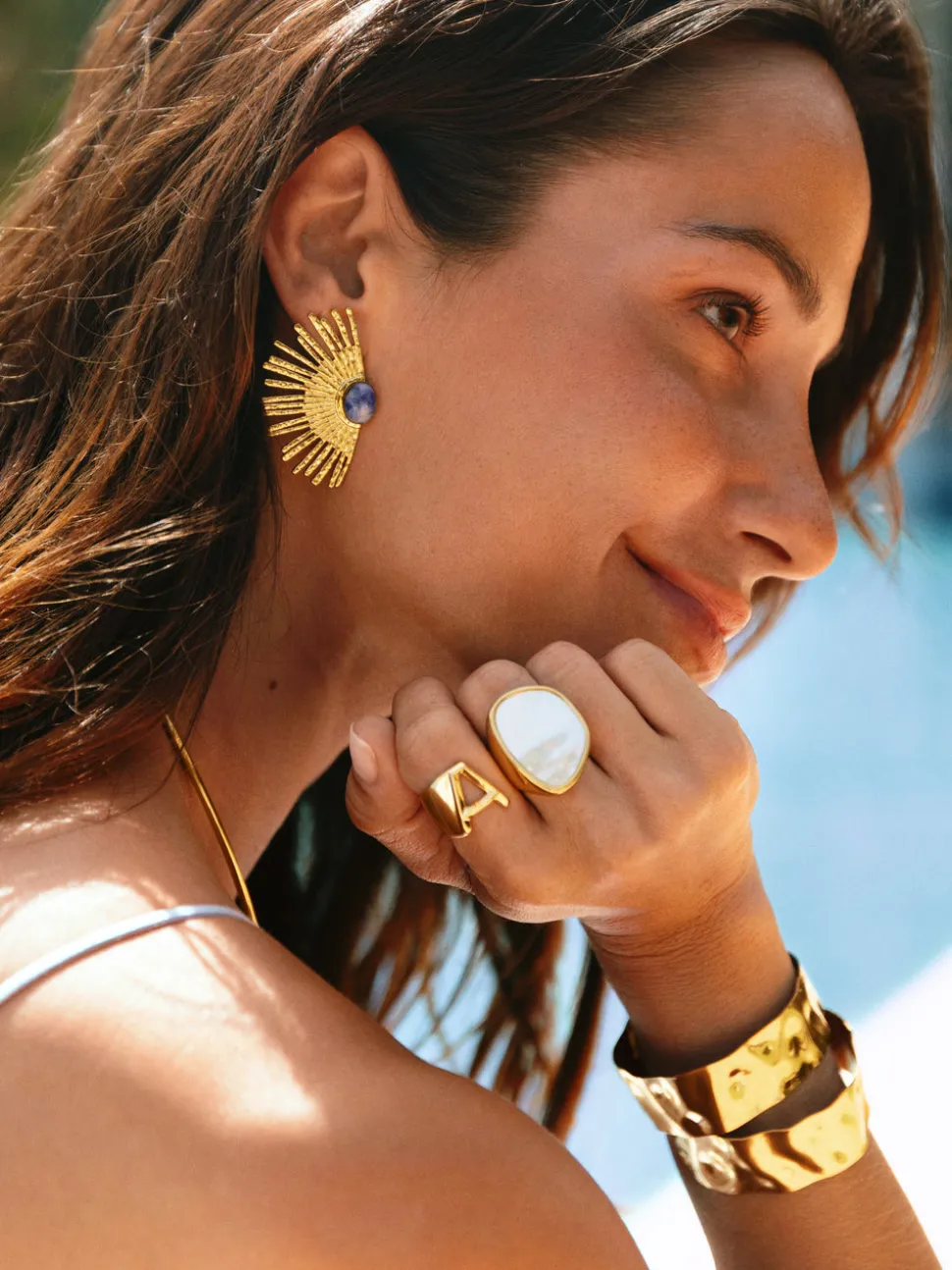 Pendientes Sunbeam Azul Acero Baño Oro