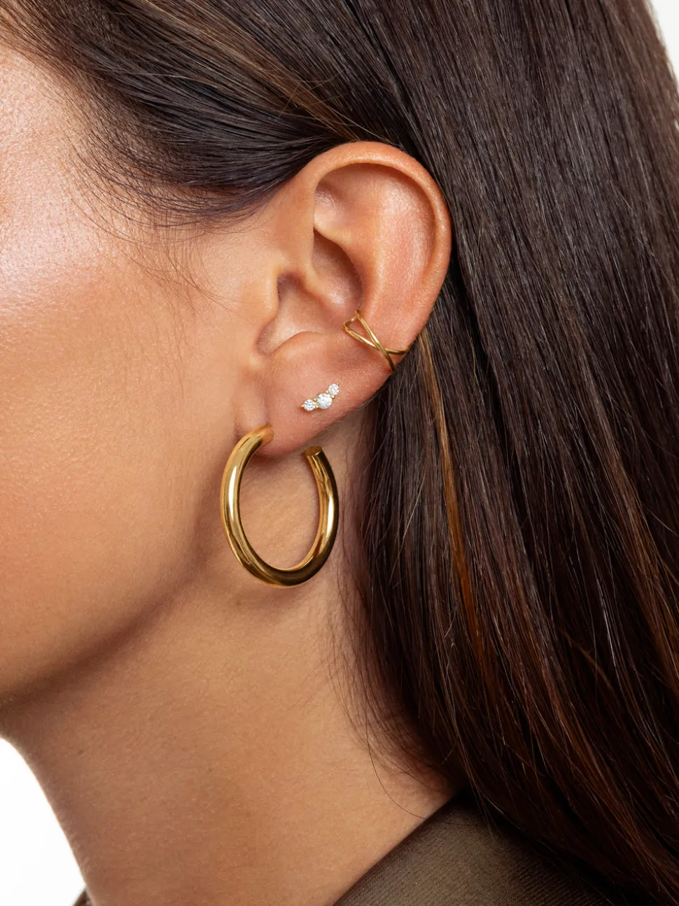 Pendiente Suelto Ear Cuff Cross Plata Baño Oro